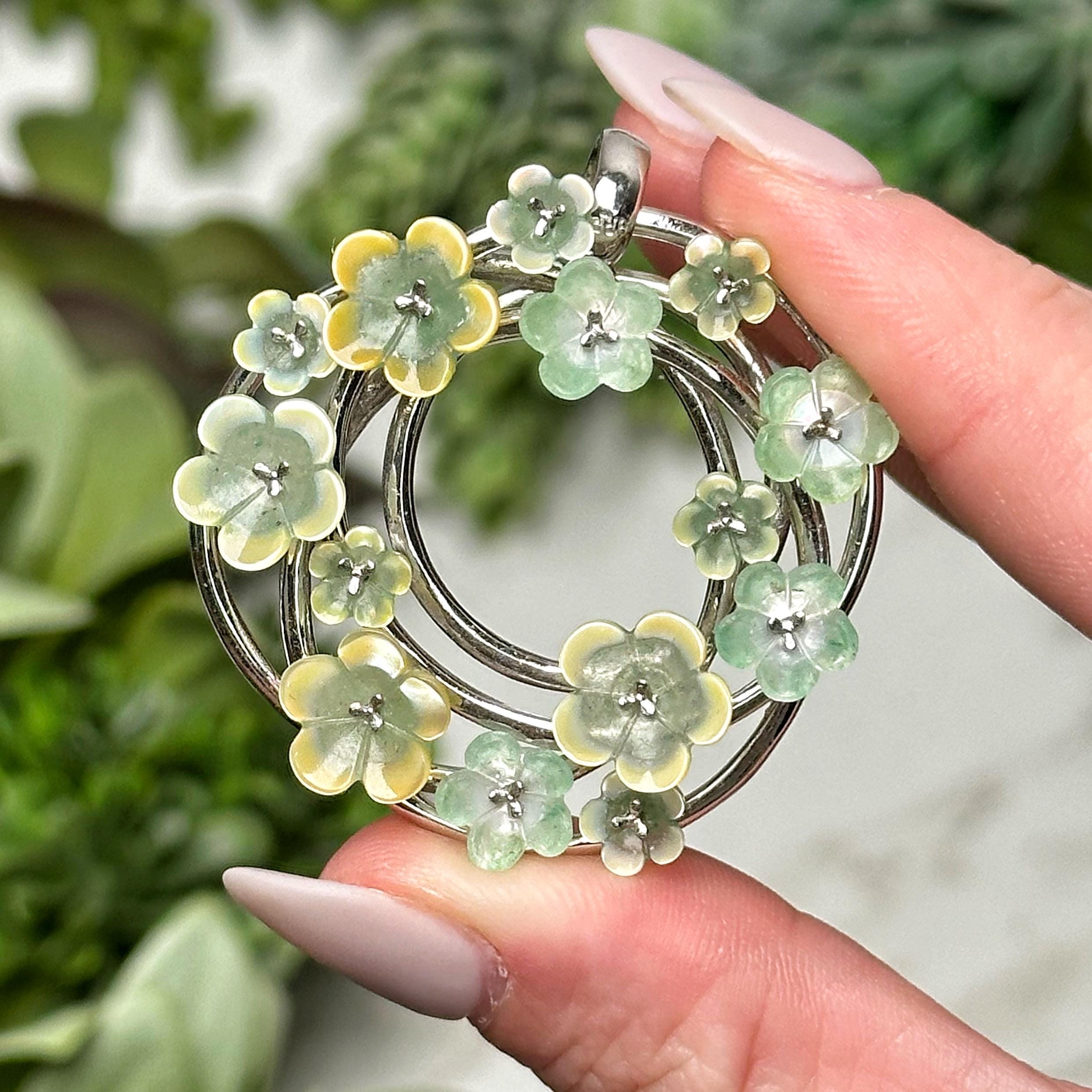 Abalone Shell & Jade Flower Pendant | 10g | - No. 292 (polished Crystal Necklace, Stone Jewelry)