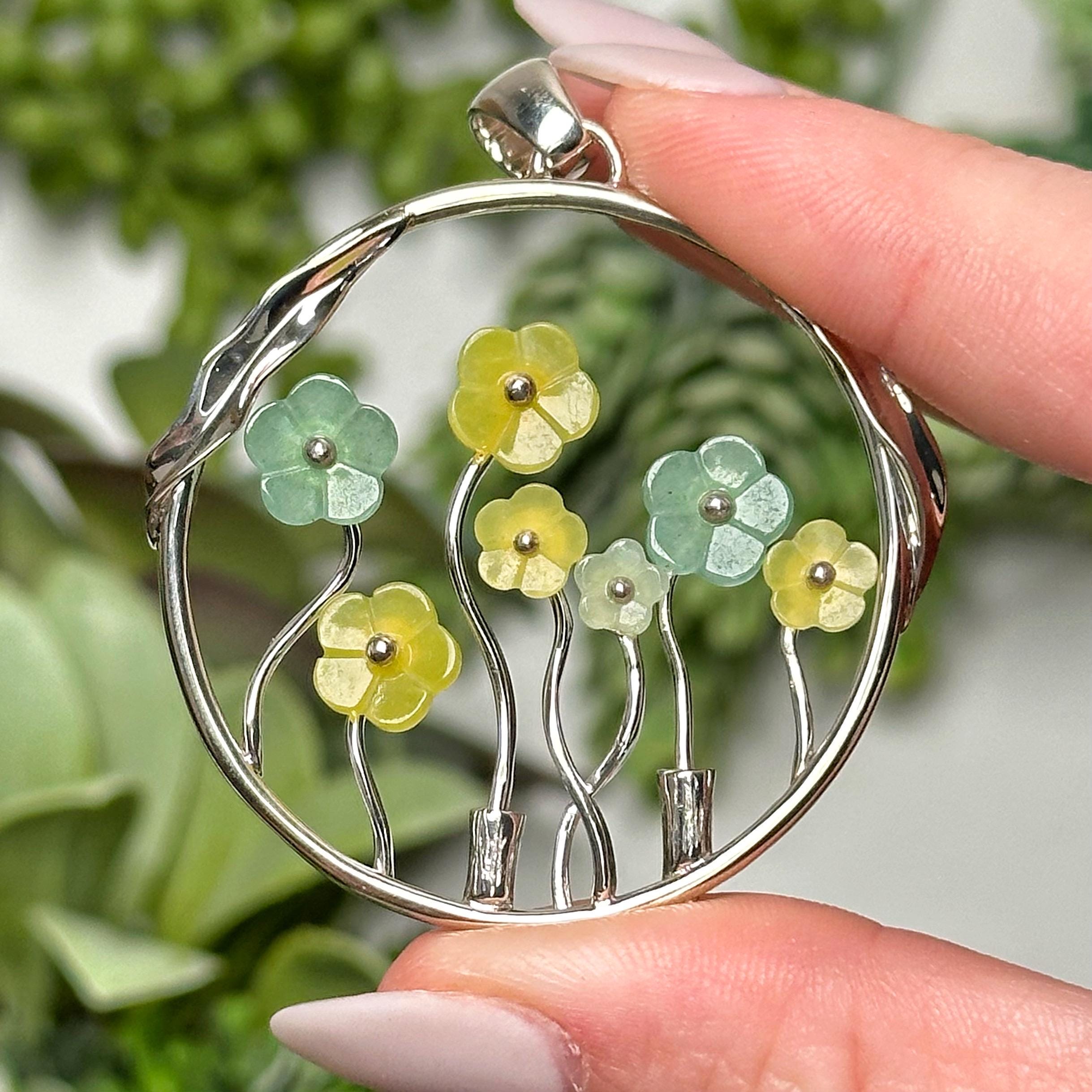 Jade Flower Pendant | 9g | - No. 291 (polished Green Yellow Silver Crystal Necklace, Stone Jewelry) Jade Flower Pendant | 9g | - No. 291 (polished Green Yellow Silver Crystal Necklace, Stone Jewelry)