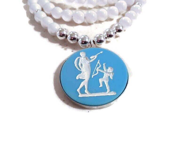 White Necklace - Sterling Silver Jewelry - Jade Gemstone Jewellery - Blue Venus Cupid Pendant - Long