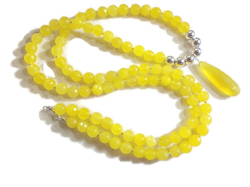 Yellow Necklace - Jade Jewelry - Sterling Silver Jewelry - Chalcedony Pendant - Luxe - Long