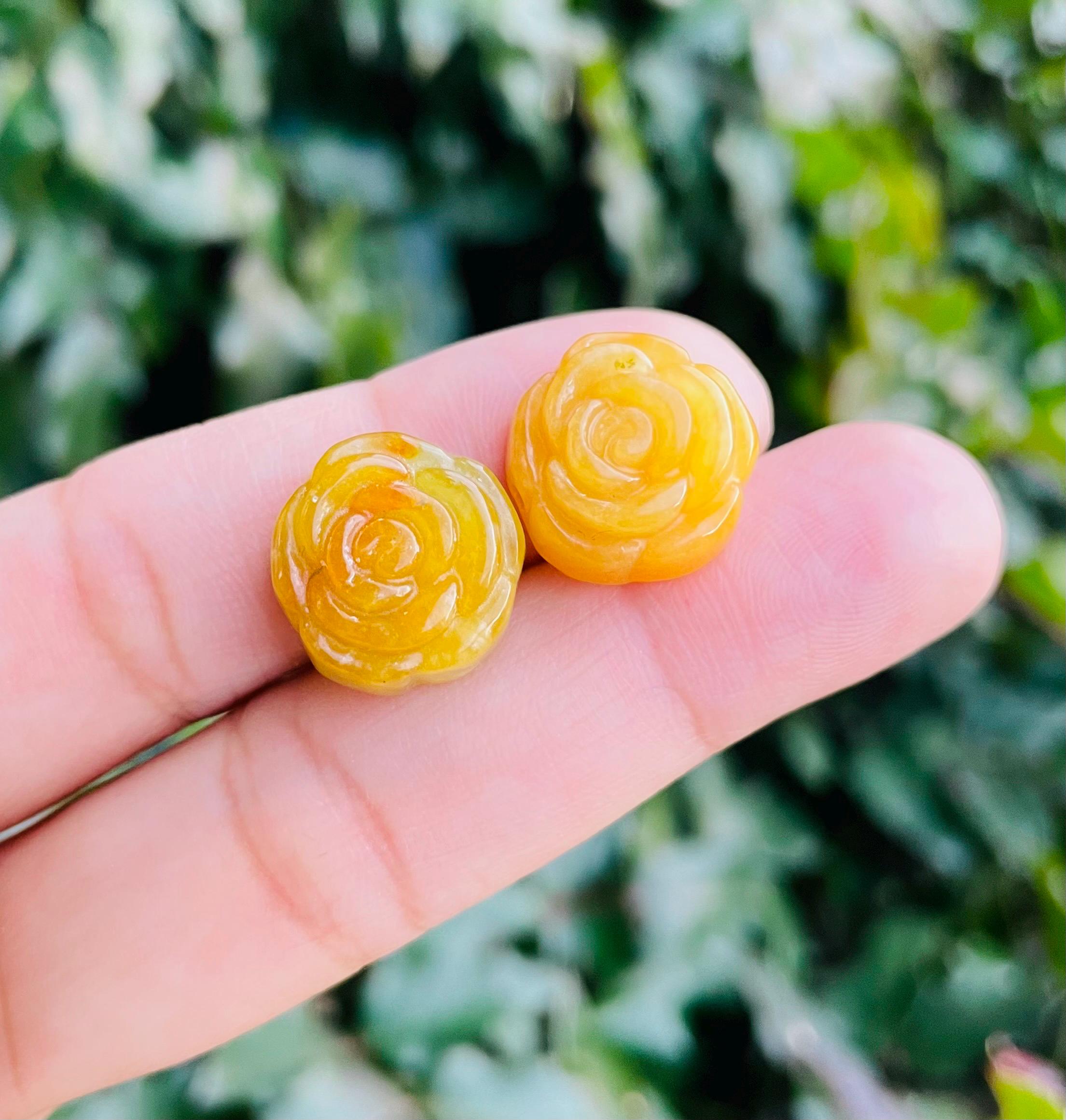 Yellow Jade Rose Flower Pendant: Mini Carved Crystal Gemstone Drilled Bead (10-14mm)