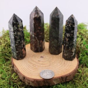 Plum Blossom “jade” (ru Jade) Tower • Crinoid Fossil + Rubellite • Piece #a–d Plum Blossom “jade” (ru Jade) Tower • Crinoid Fossil + Rubellite • Piece #a–d