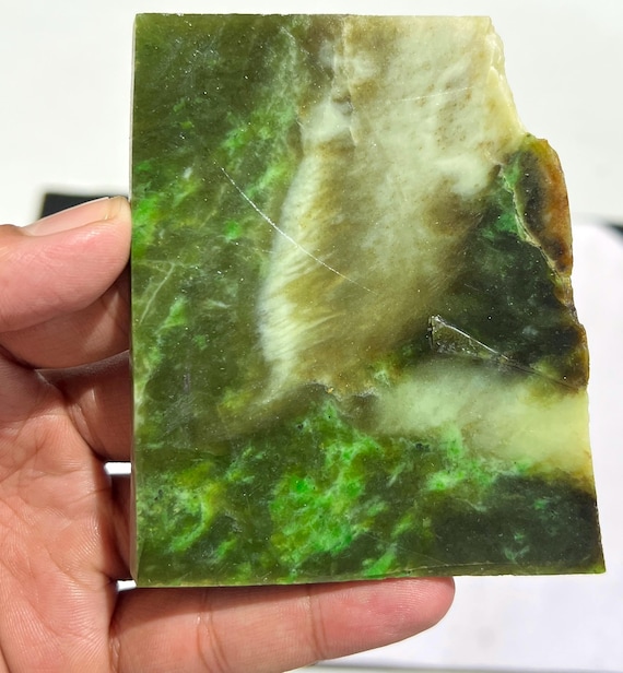 Hand-cut Natural Jade Rough Stone | Raw Green & White Slice 166g 97x95x7mm