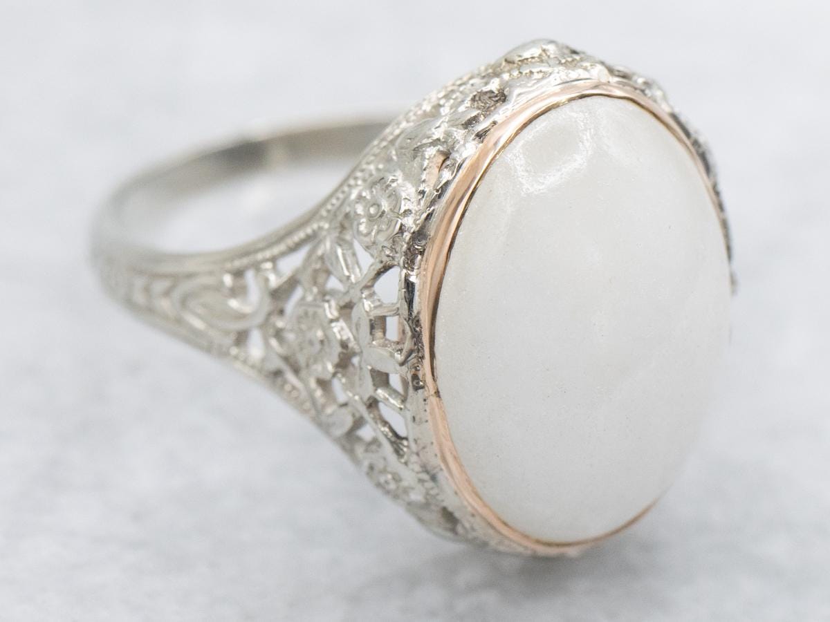 10k White Gold Jade Cabochon Ring, Antique Floral Filigree