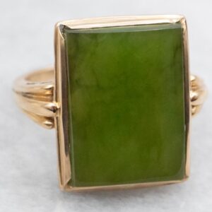 14K Gold Mid-Century Nephrite Jade Ring, Rectangular Cabochon 14K Gold Mid-Century Nephrite Jade Ring, Rectangular Cabochon