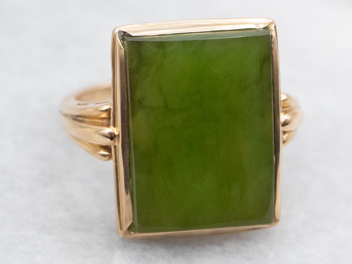 14k Gold Mid-century Nephrite Jade Ring, Rectangular Cabochon