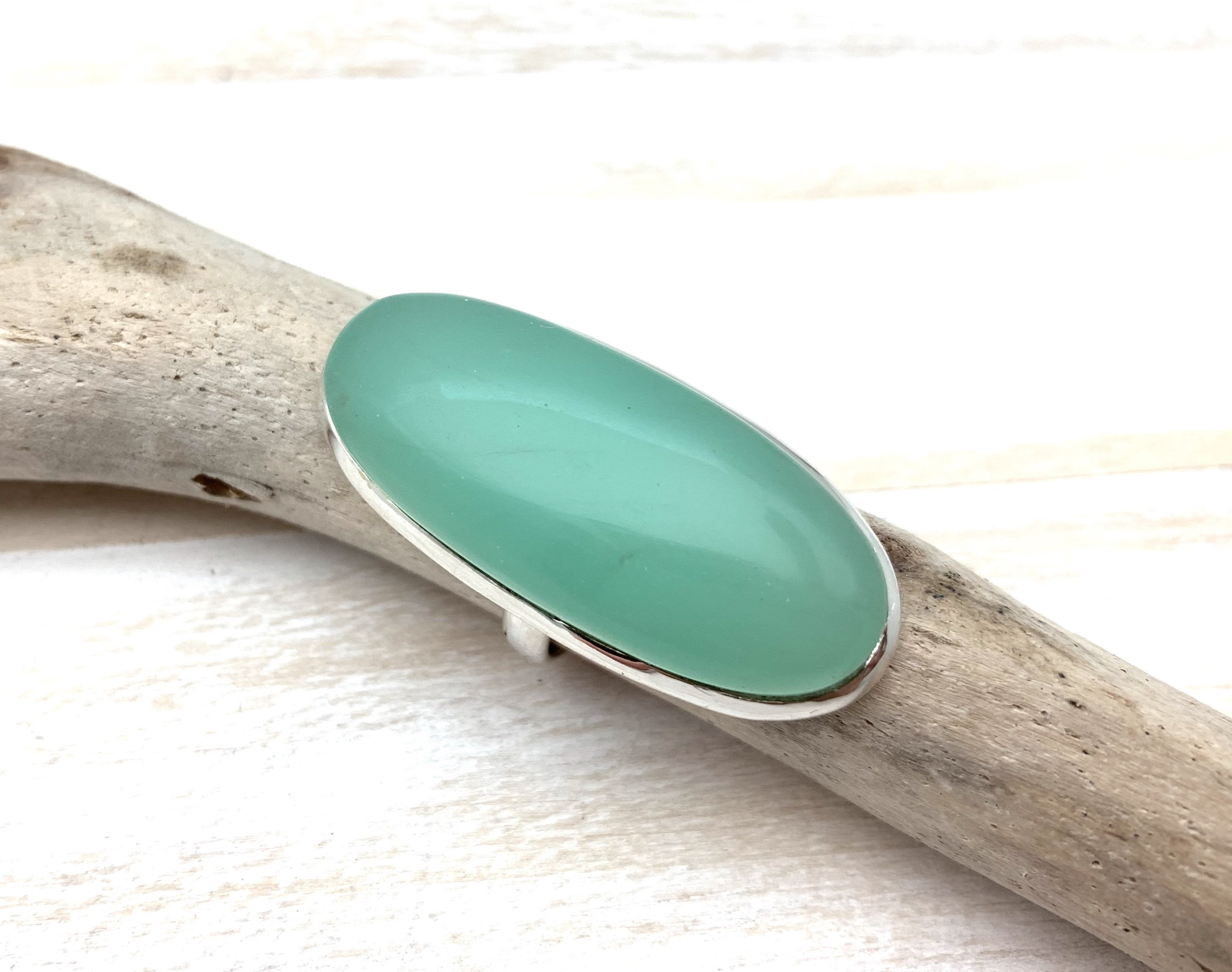 Oval Ceylon Jade Chalcedony Ring, 925 Sterling Silver, Size 5-6