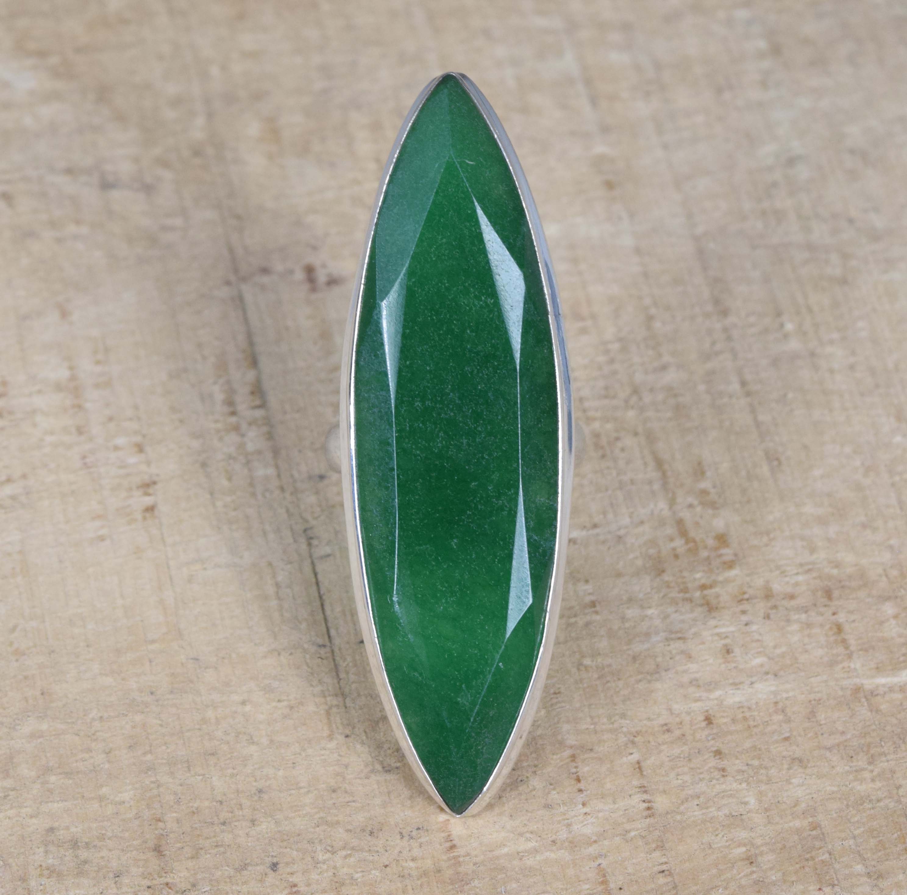 Emerald Jade Sterling Silver Ring: Marquise May Birthstone, Size 6