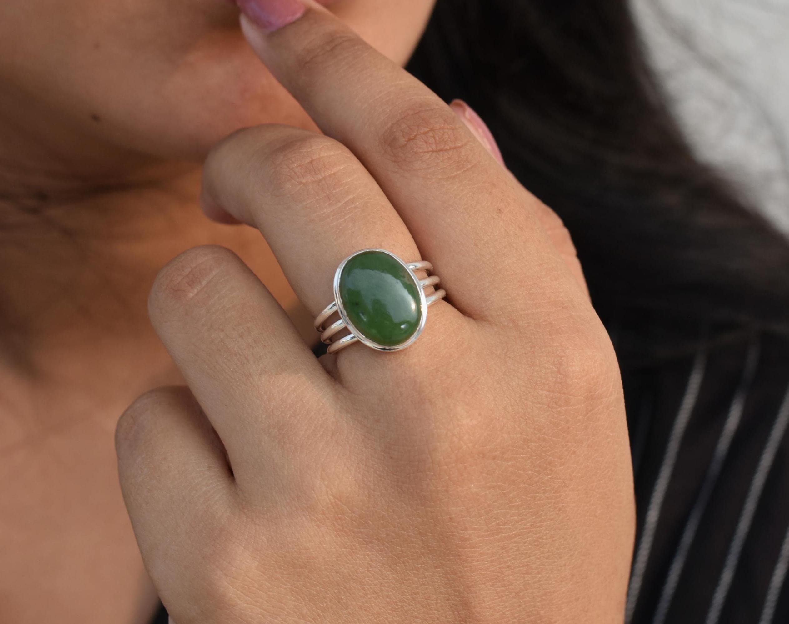 Fantastic Nephrite Jade Ring, 925 Sterling Silver, Oval Shape, Green Color Stone, Triple Band Ring, Bezel Set, Handmade Silver Ring, Sale