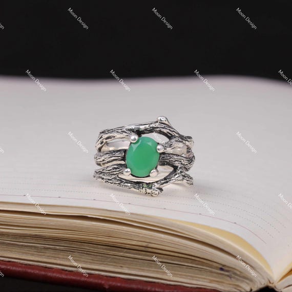 Green Jade Ring, 925 Sterling Silver Handmade Gemstone Vintage Jewelry, Gift For Her.