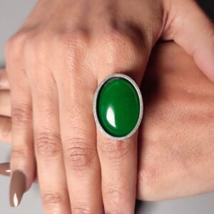 Green Jade Cabochon Ring: Adjustable Silver Plated Band