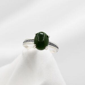 Jade Ring, Green Ring, Genuine Nephrite Jade 10x8mm Cabochon Cut, Set in 925 Sterling Silver Rope Ring