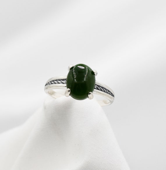 Jade Ring, Green Ring, Genuine Nephrite Jade 10x8mm Cabochon Cut, Set In 925 Sterling Silver Rope Ring