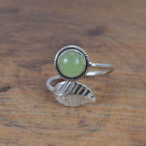 Green Jade Sterling Silver Ring: Adjustable Leaf Style Gemstone