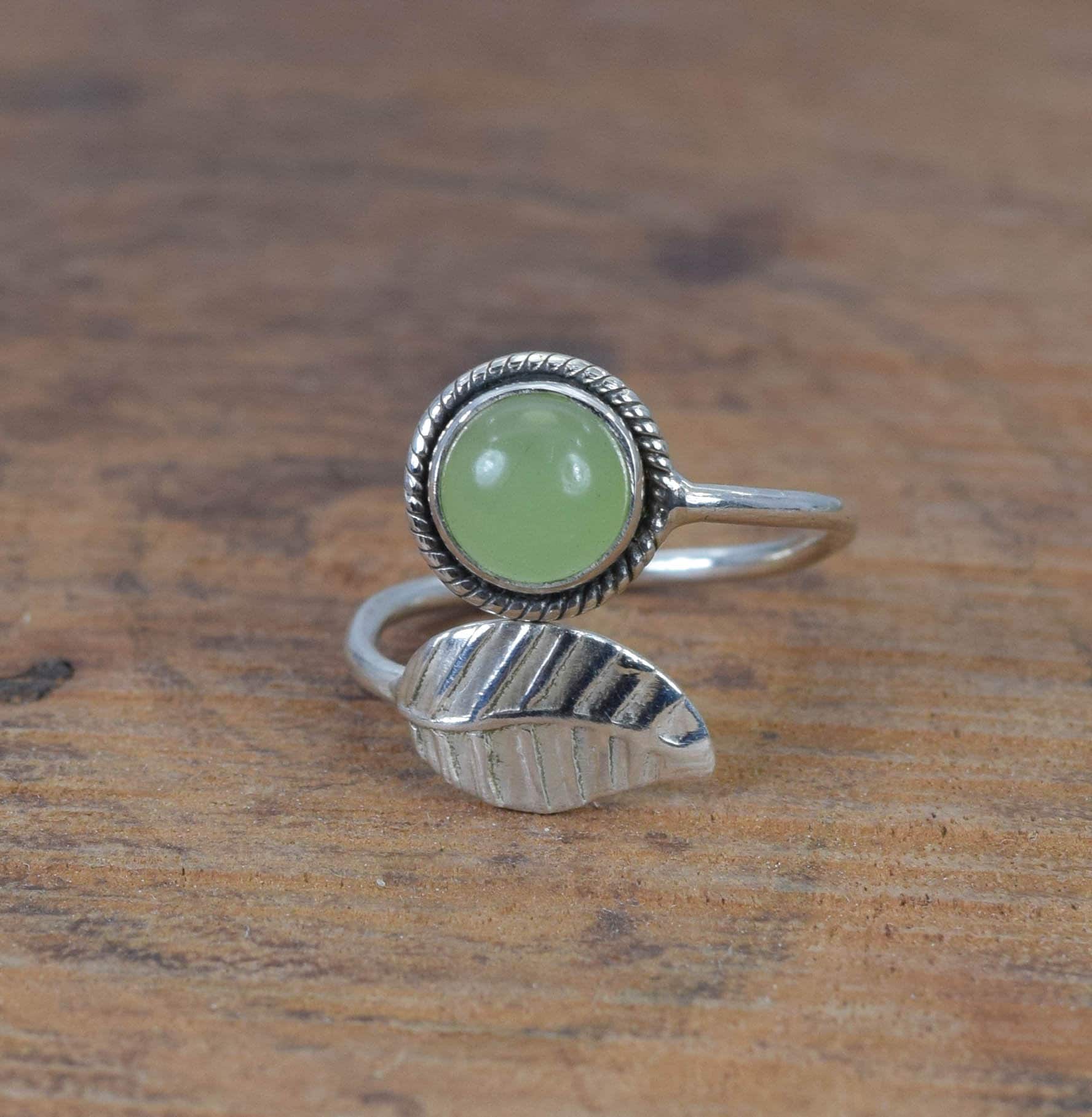 Green Jade Sterling Silver Ring: Adjustable Leaf Style Gemstone
