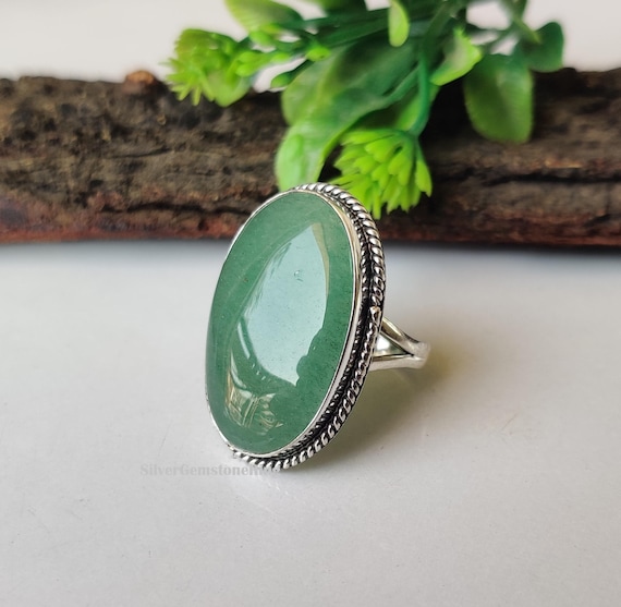 Natural Green Jade Ring: 925 Sterling Silver Statement Jade Jewelry Women, Chunky Boho Item Gift For Her