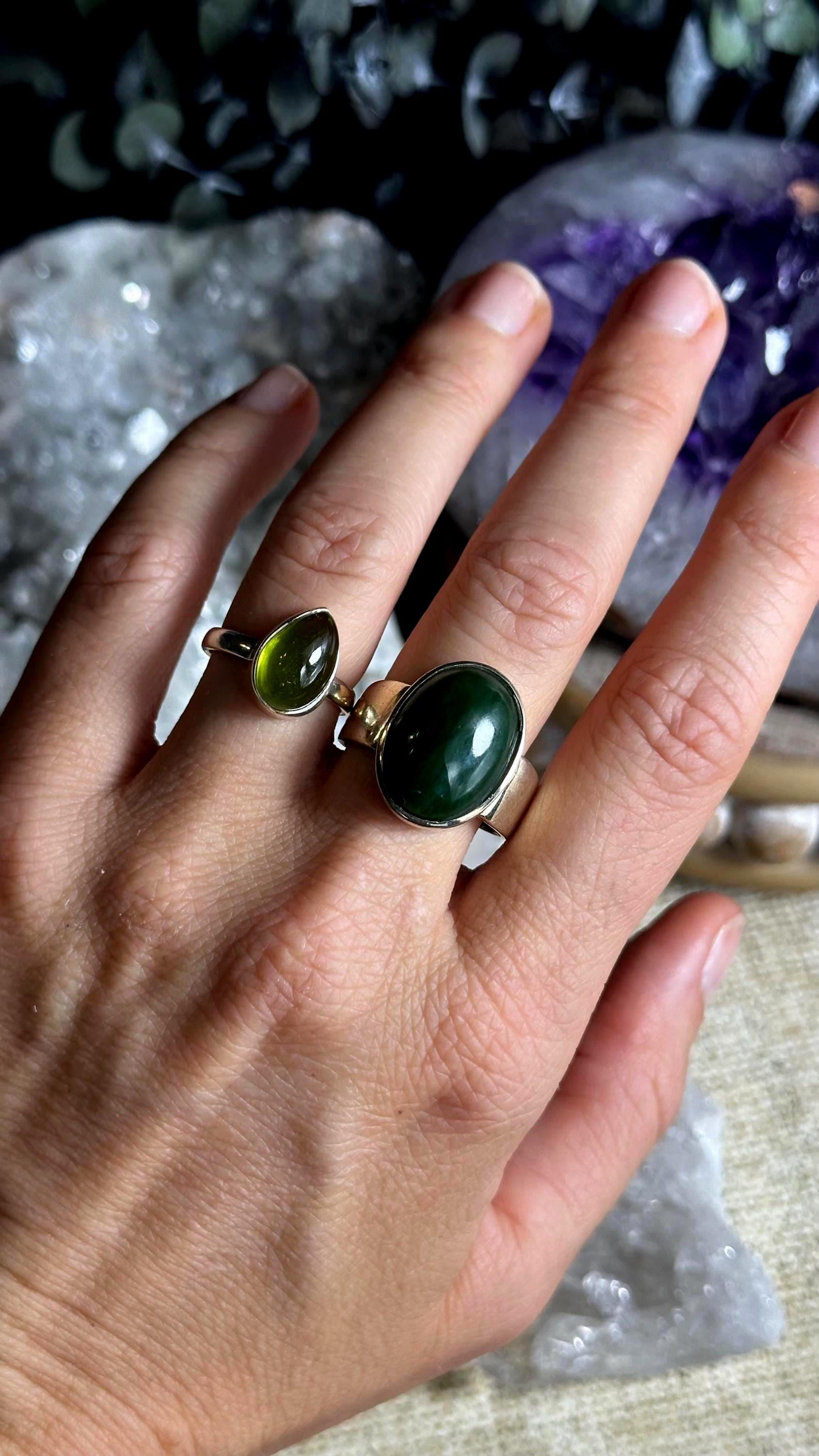 Genuine Nephrite Jade Ring, .925 Sterling Silver, Minimalist, Statement, Fitted