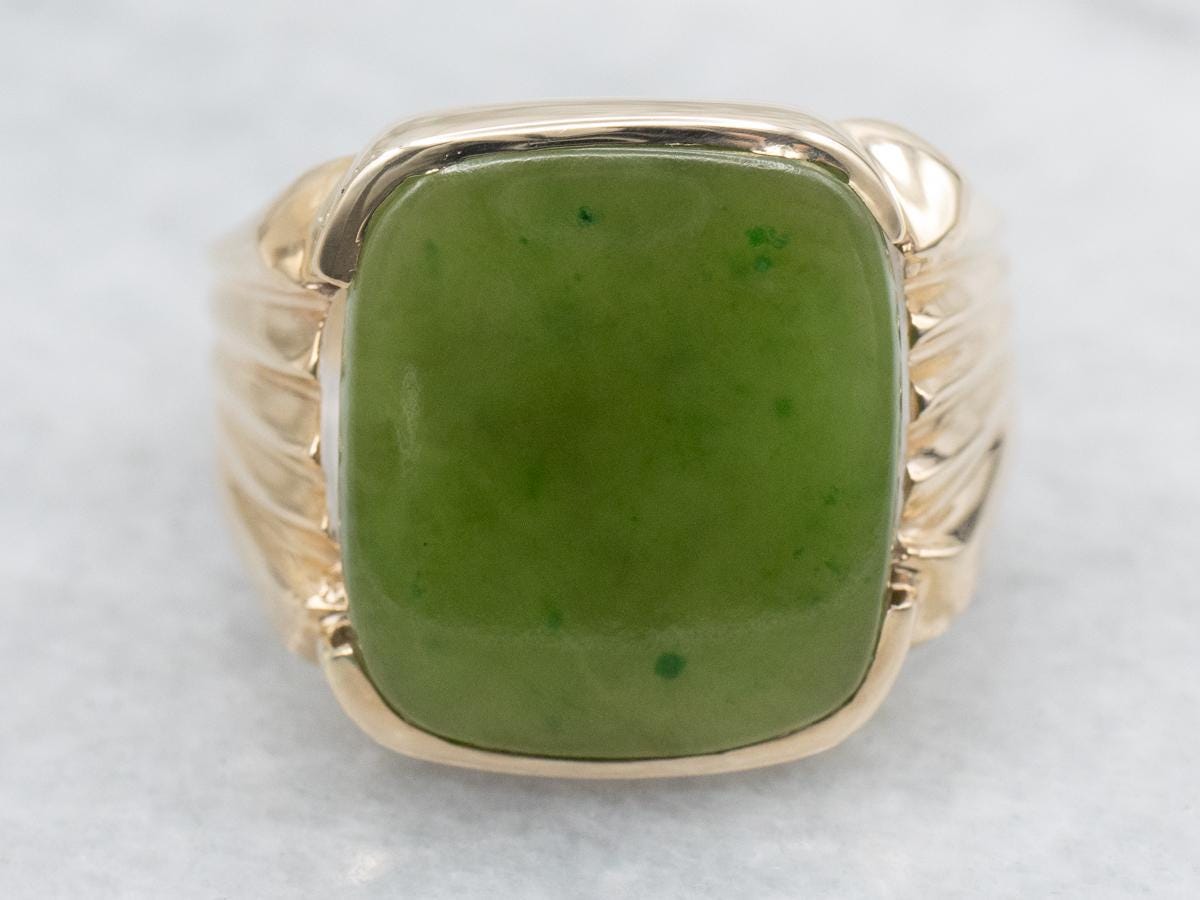 Men's 10k Gold Nephrite Jade Ring, Rectangle Cocktail Ring Men's 10k Gold Nephrite Jade Ring, Rectangle Cocktail Ring