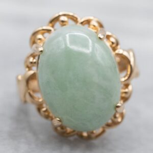 Mid Century 14K Yellow Gold Oval Jade Cabochon Ring, Size 4.5