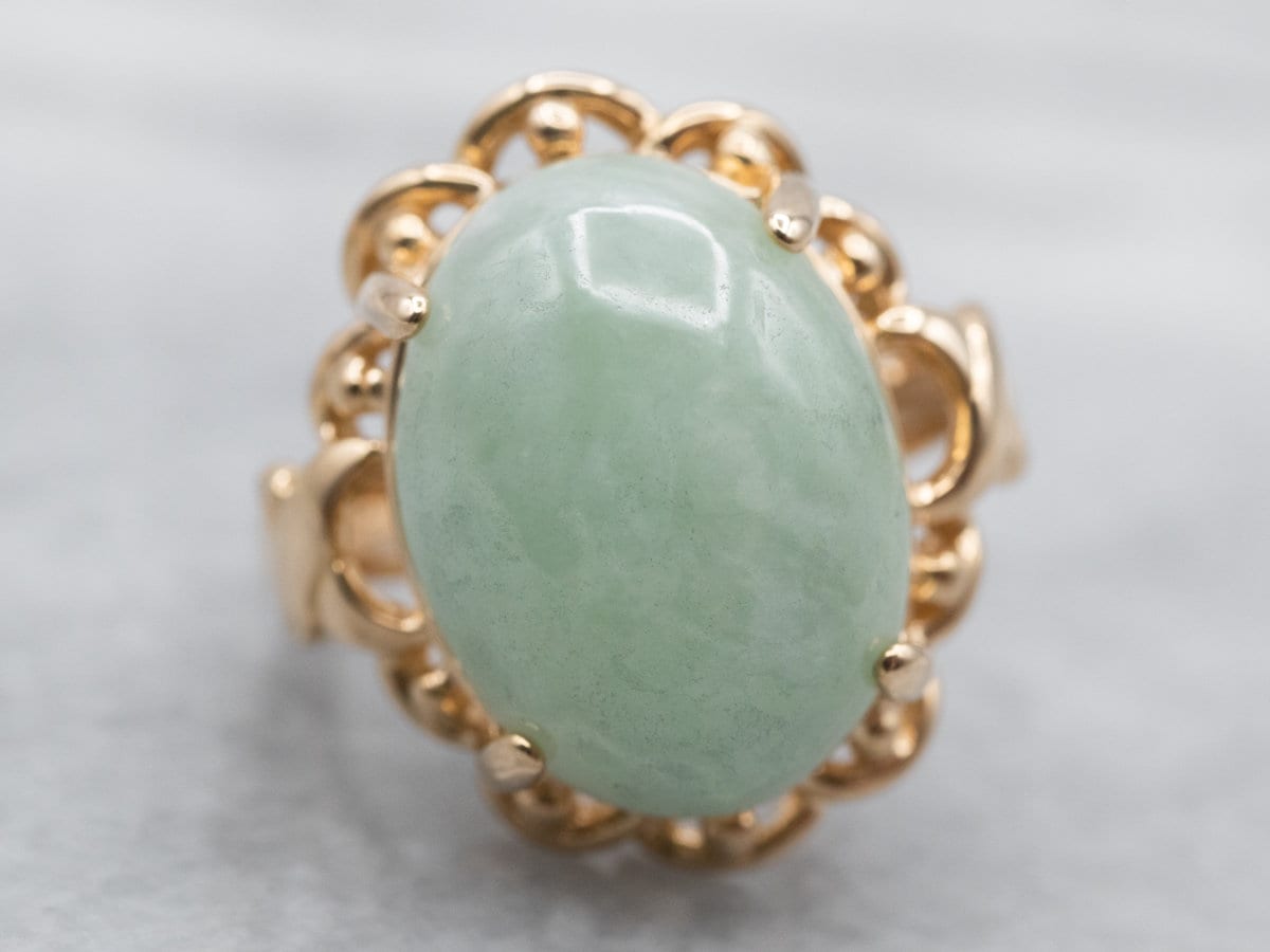 Mid Century 14k Yellow Gold Oval Jade Cabochon Ring, Size 4.5