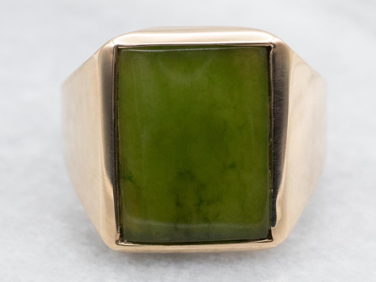 Mid-century 14k Gold Nephrite Jade Men's Ring, Size 10 Mid-century 14k Gold Nephrite Jade Men's Ring, Size 10