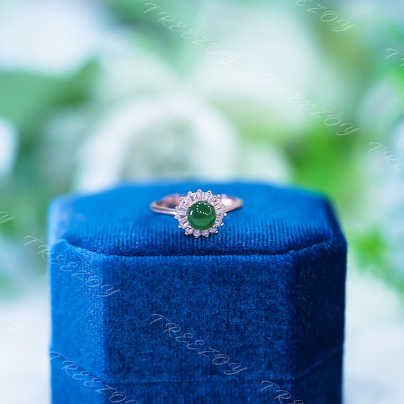 Natural Green Jade Ring: Rose Gold Sterling Silver, Cz Halo