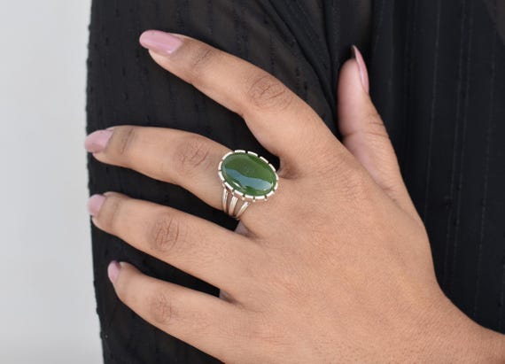 Natural Nephrite Jade Ring, Statement Silver Jewelry, Greens Stone Ring, Oval Gemstone, Green Jade Ring, Promise Ring, Christmas Gifts
