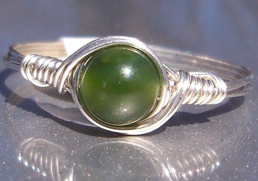 Nephrite Jade Ring Custom Sized .999 Fine Silver Wire Wrapped Ring