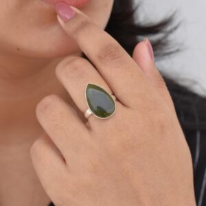 Nephrite Jade Ring, Green Color Stone, Pear Gemstone Ring, Sterling Silver Ring, Handmade Silver Ring, Natural Gemstone, Christmas Gift Ring