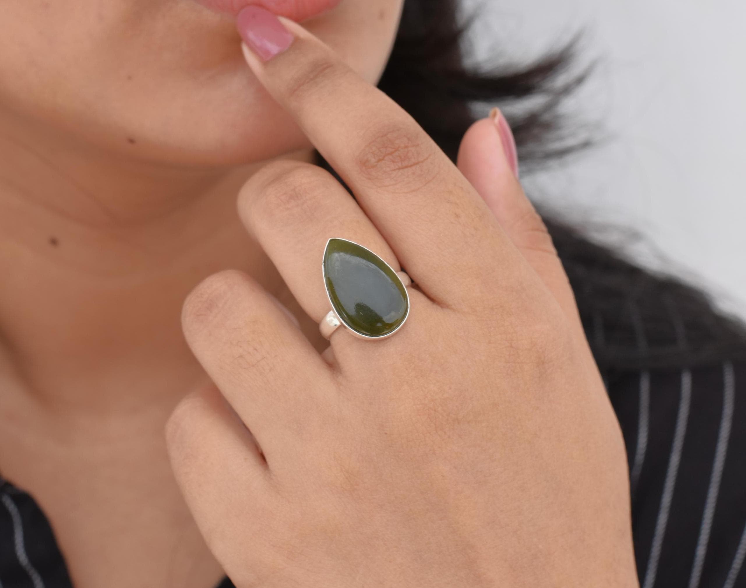 Nephrite Jade Ring, Green Color Stone, Pear Gemstone Ring, Sterling Silver Ring, Handmade Silver Ring, Natural Gemstone, Christmas Gift Ring Nephrite Jade Ring, Green Color Stone, Pear Gemstone Ring, Sterling Silver Ring, Handmade Silver Ring, Natural Gemstone, Christmas Gift Ring