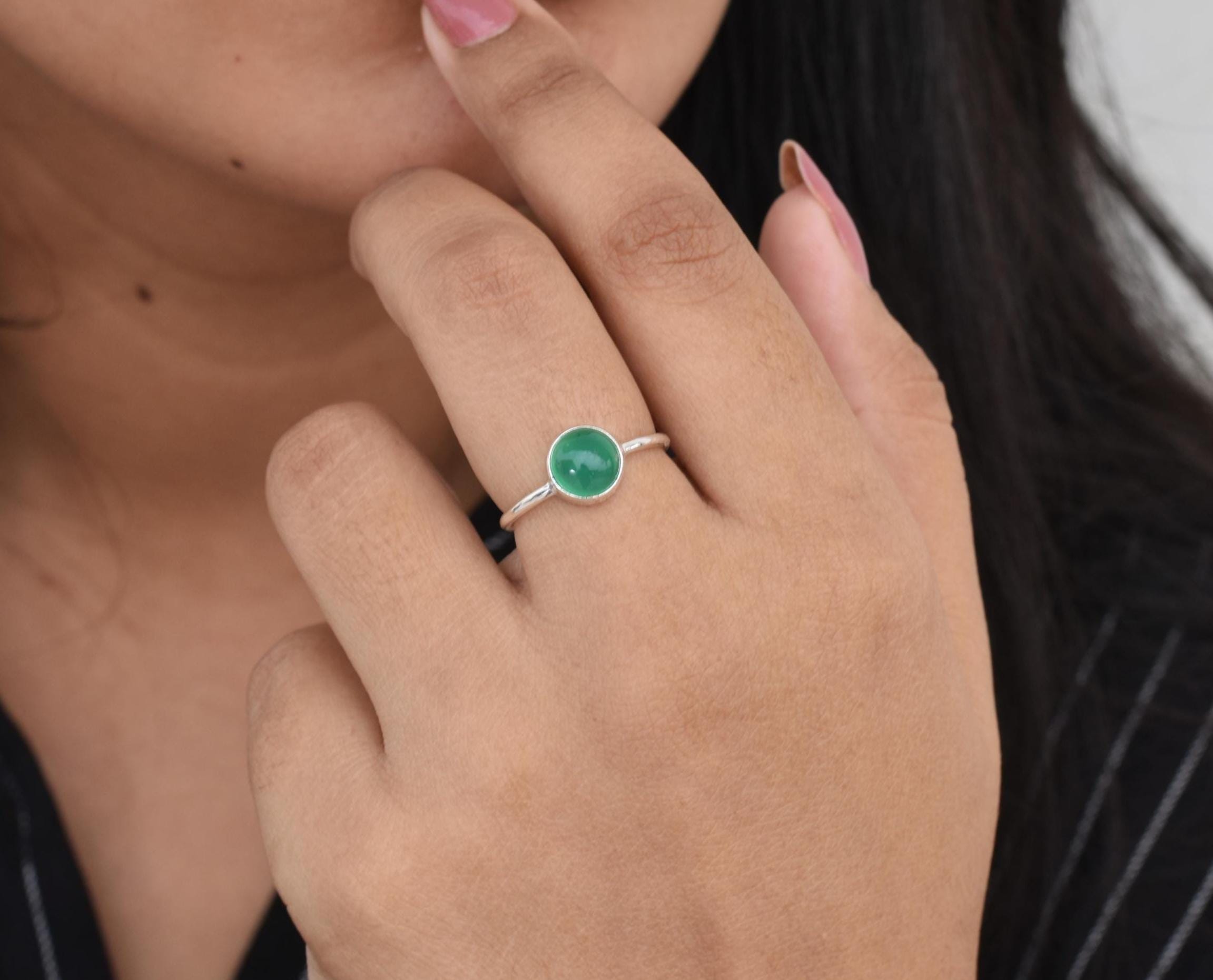 Nephrite Jade Ring, Natural Jade Ring, Round Stone Ring, 925 Sterling Silver Ring, Silver Ring, Customized Gifts, Handmade Ring, Green Jade