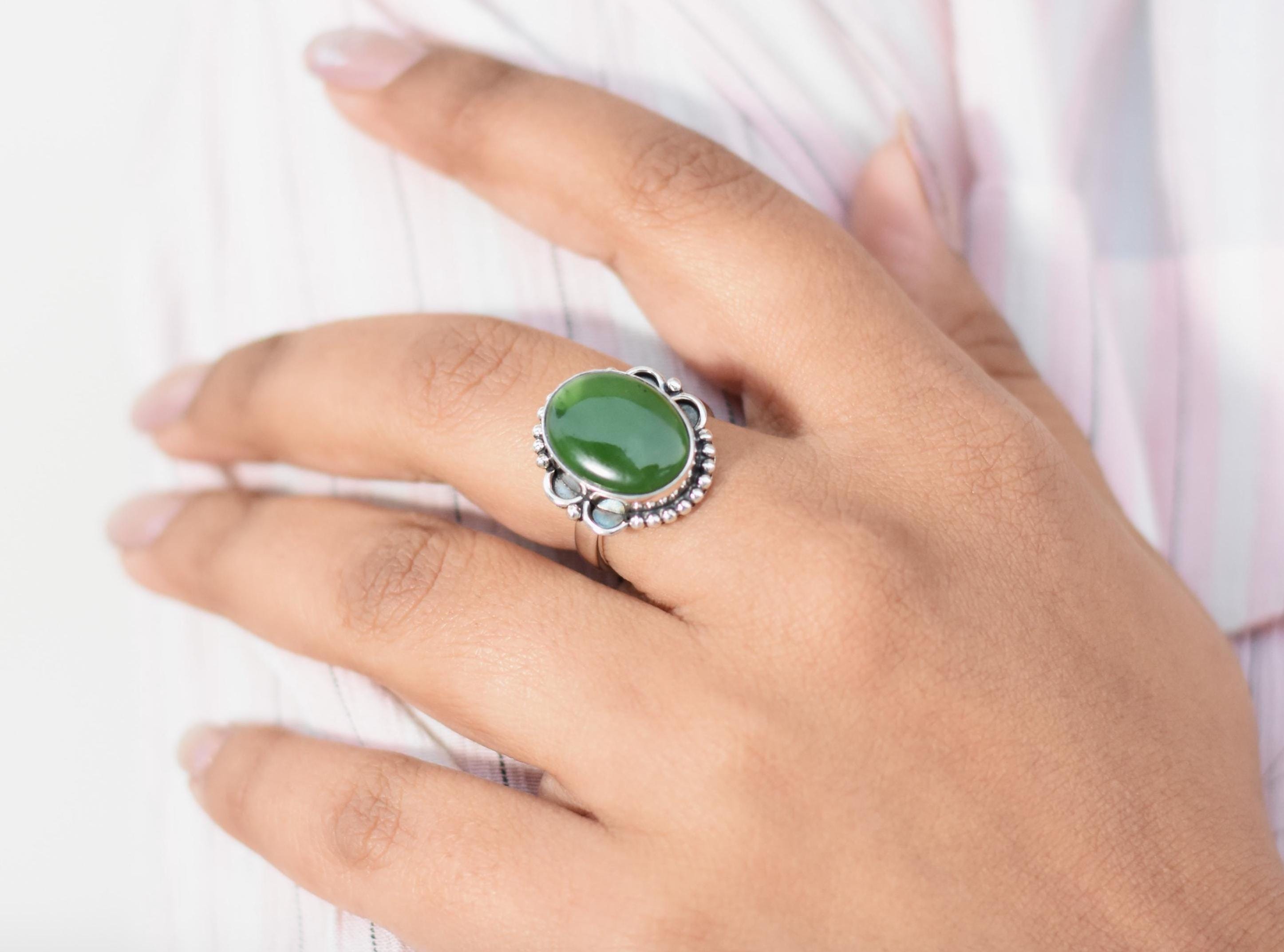 Nephrite Jade Ring, Statement Ring, Promise Ring, Engagement Ring, 925 Silver Ring, Bohemian Jewelry, Birthstone Ring, Gift For Her, Oval