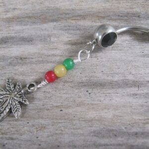 Jade Pot Leaf Belly Ring, Rasta Belly Button Ring, Marijuana Belly Piercing, Reggae, Rastafarian Inspired, Gemstone, Ganja Body Jewelry, 420