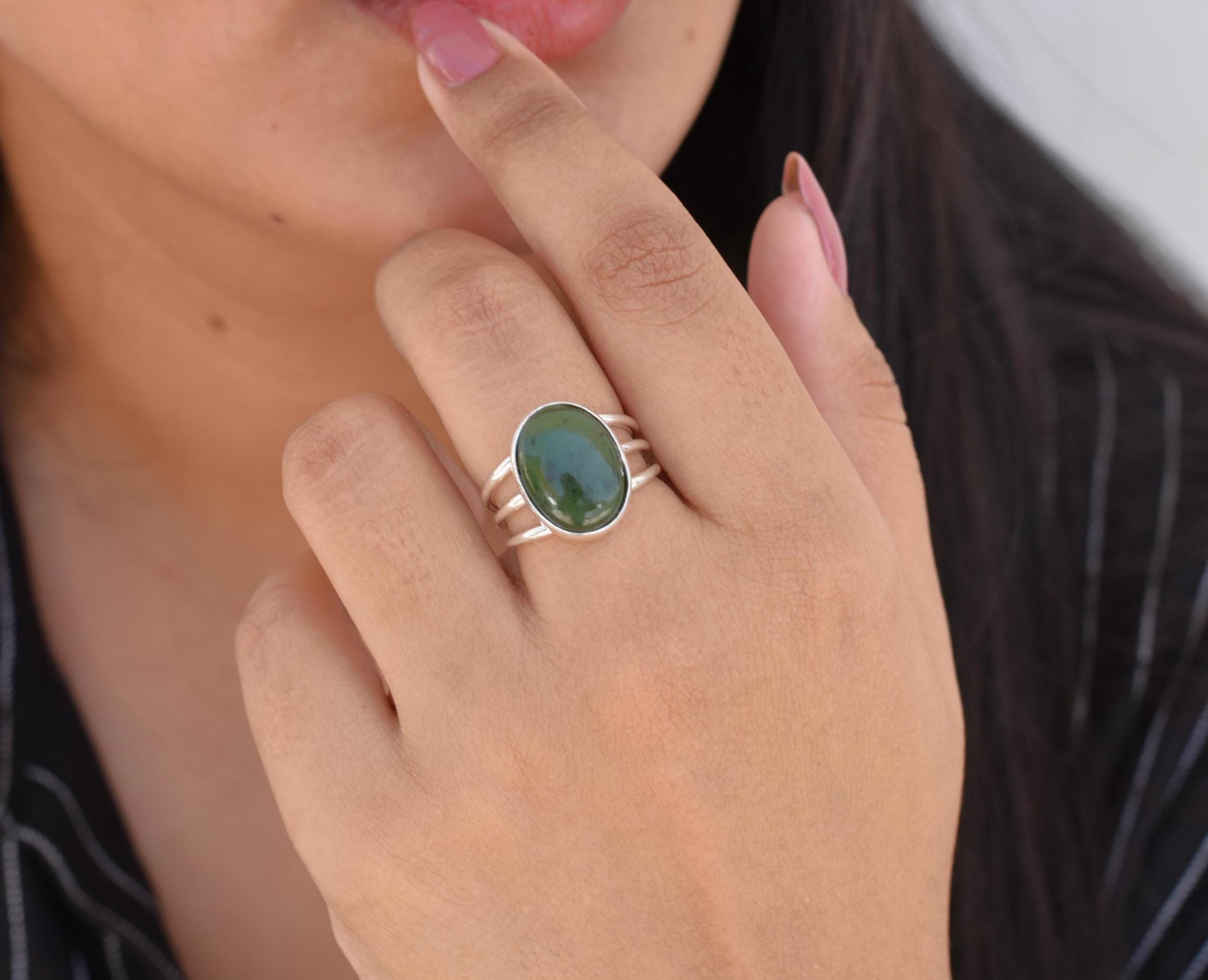 Silver Nephrite Jade Ring, 925 Sterling Silver, Green Gemstone Ring, Triple Band Ring, Can Be Personalized, Christmas Gift, Silver Ring