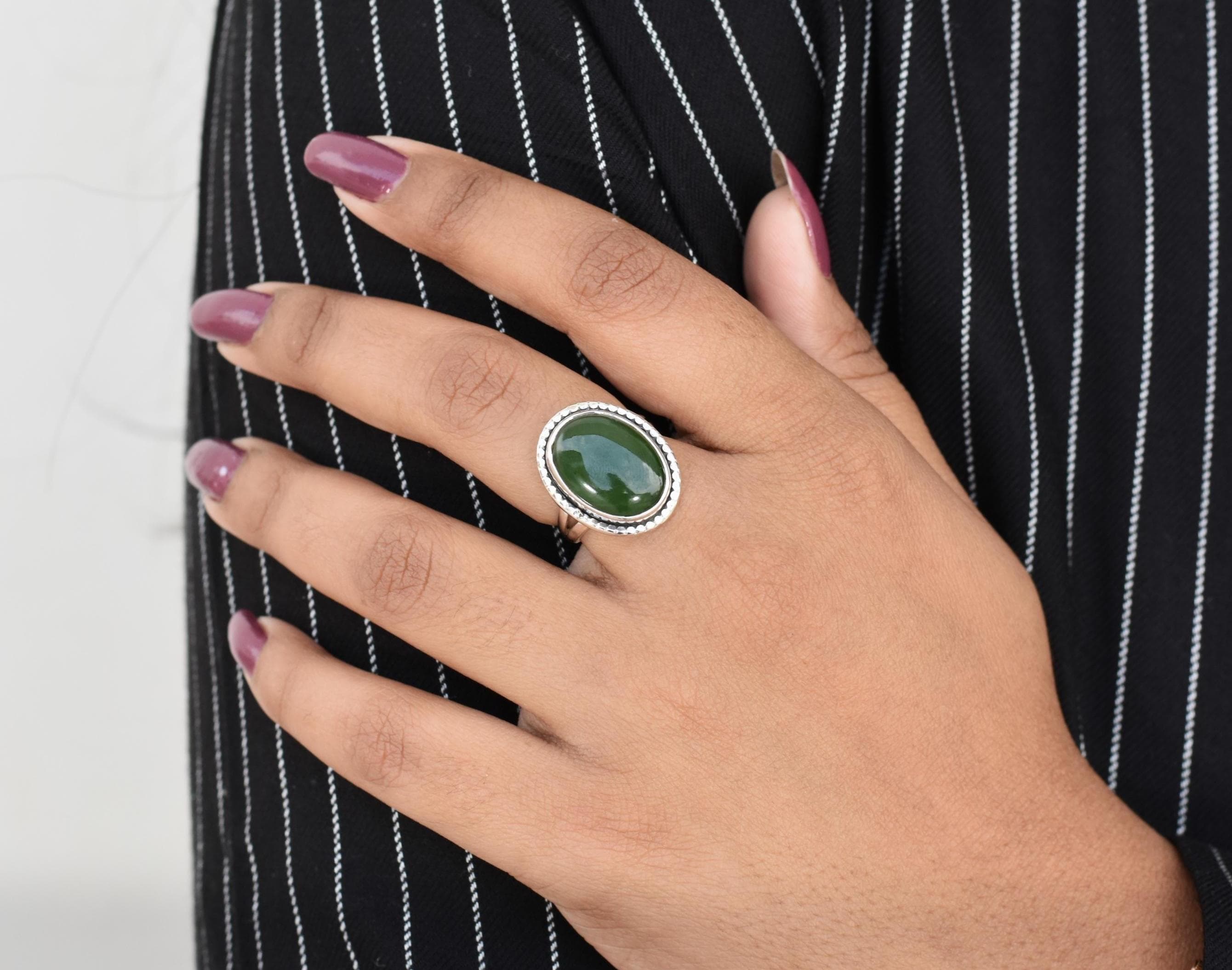 Statement Green Nephrite Jade Ring, Green Jade Silver Jewelry, Sterling Silver Womens Jewelry, Oval Stone Ring, Split Band Ring, Girls Ring