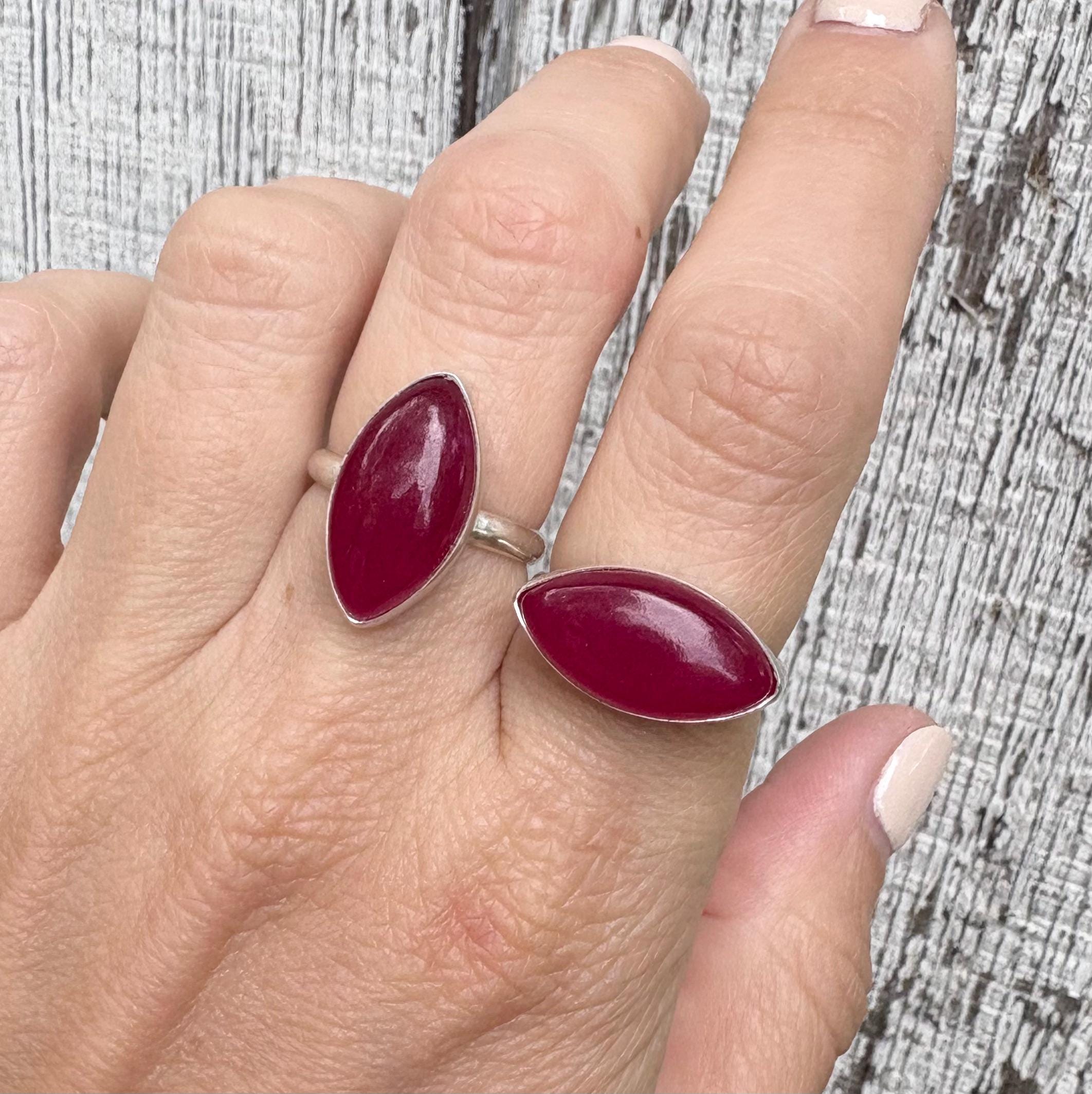 Stunning Large Marquise Dark Magenta Pink Jadeite Sterling Silver Ring | Pink Jade Ring | Eye Shaped Pink Stone | Boho | August Birthstone