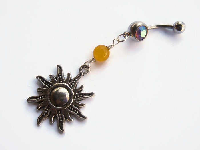 Sun Belly Ring, Yellow Jade Belly Button Ring, Antiqued Silver, Sunshine Piercing, Gemstone Belly Piercing, Sunburst, Nature Body Jewelry Sun Belly Ring, Yellow Jade Belly Button Ring, Antiqued Silver, Sunshine Piercing, Gemstone Belly Piercing, Sunburst, Nature Body Jewelry