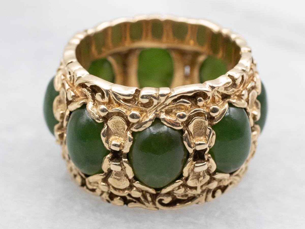 Vintage 14k Gold Jade Cocktail Ring, Asian Inspired