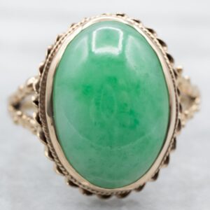Vintage 14K Yellow Gold Jade Cocktail Ring, Cabochon Green Stone