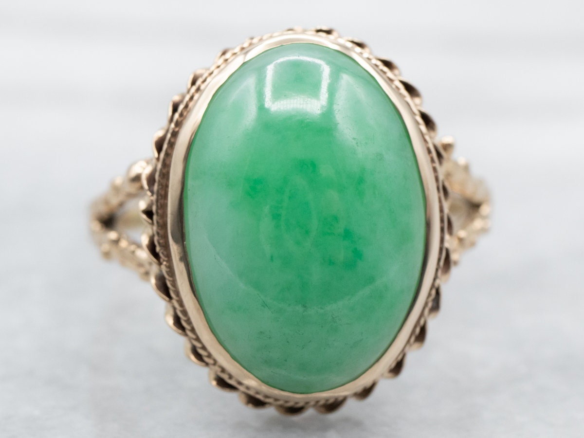Vintage 14k Yellow Gold Jade Cocktail Ring, Cabochon Green Stone Vintage 14k Yellow Gold Jade Cocktail Ring, Cabochon Green Stone
