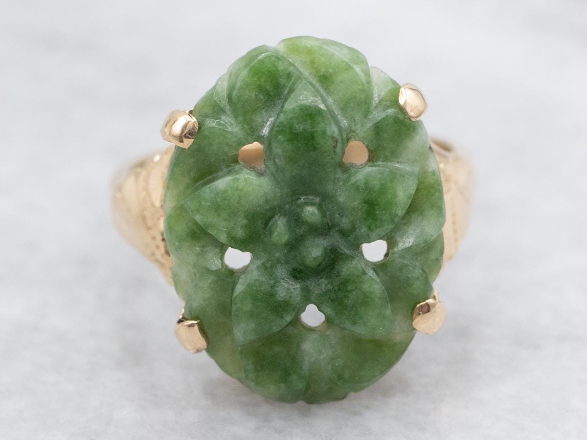 Vintage Carved Floral Jade Ring, 14k Yellow Gold, Mid-century