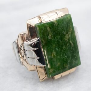 Vintage Men's Jade Ring, 10K Two Tone Gold, Retro Era
