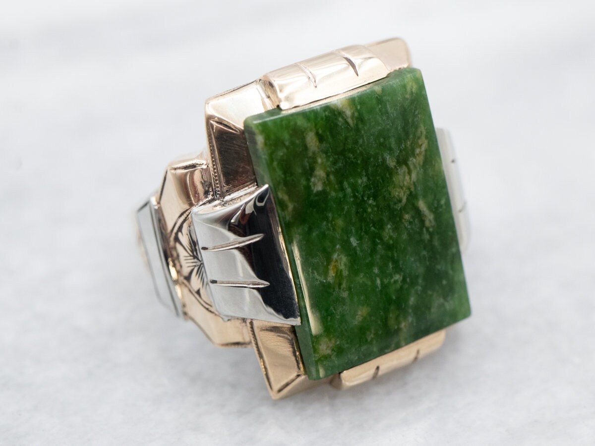 Vintage Men's Jade Ring, 10k Two Tone Gold, Retro Era