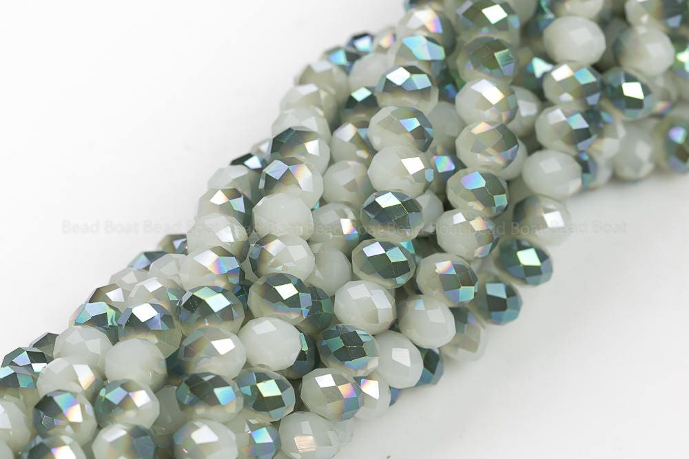 8mm Crystal Rondelle -1 Or 5 Or 10 Strands- White Jade Half Green Metallic