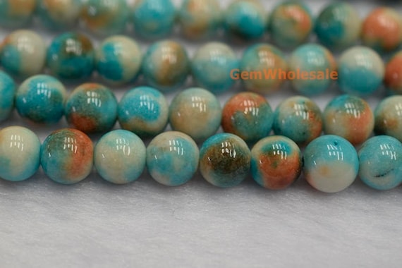 15.5" 8mm Dyed Blue Orange White Jade Round Beads, Blue Orange White Gemstone, Semi-precious Stone, Cgyg06