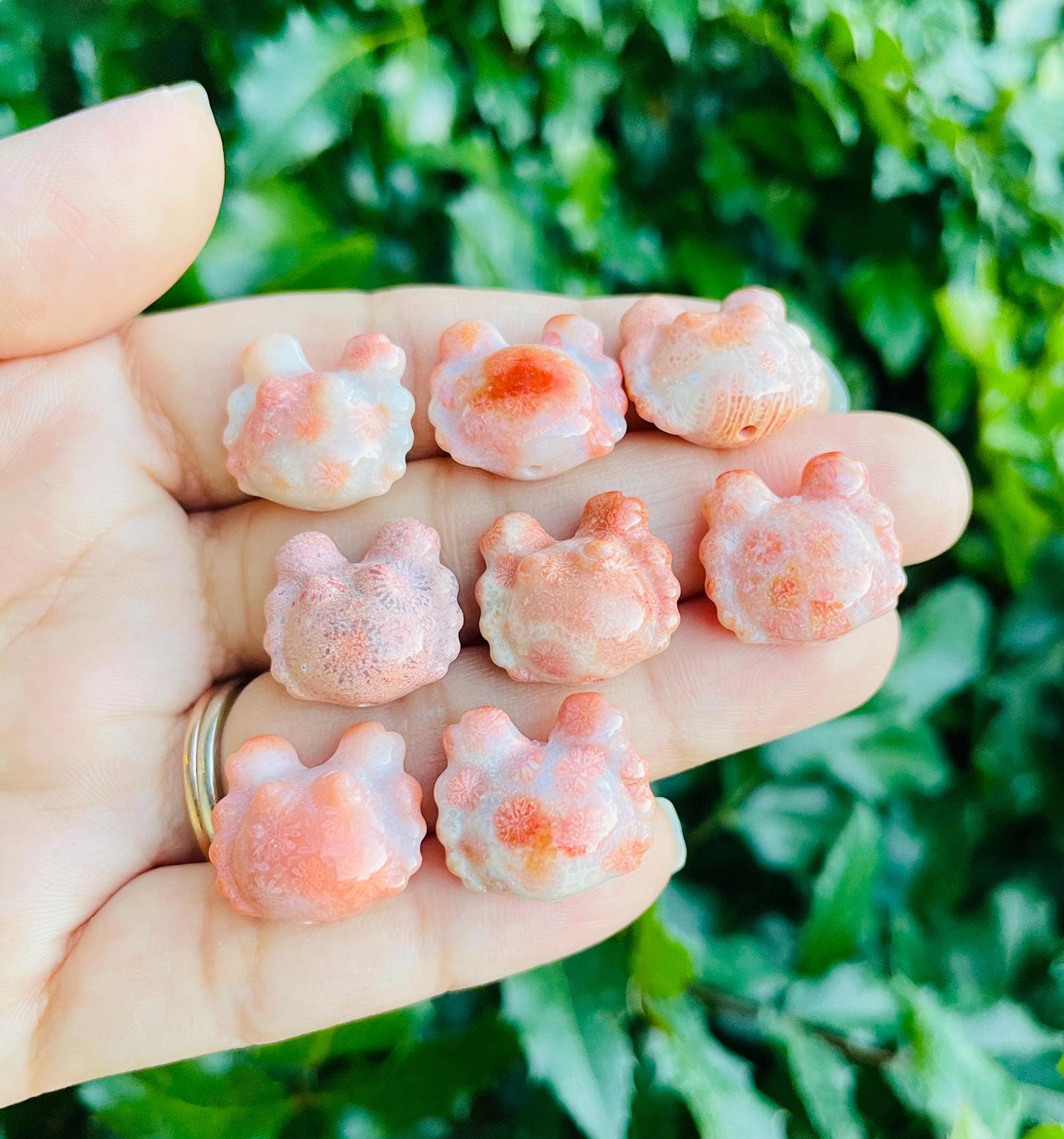 Coral Jade Crab Bead: Carved Polished Gemstone (18x17mm)