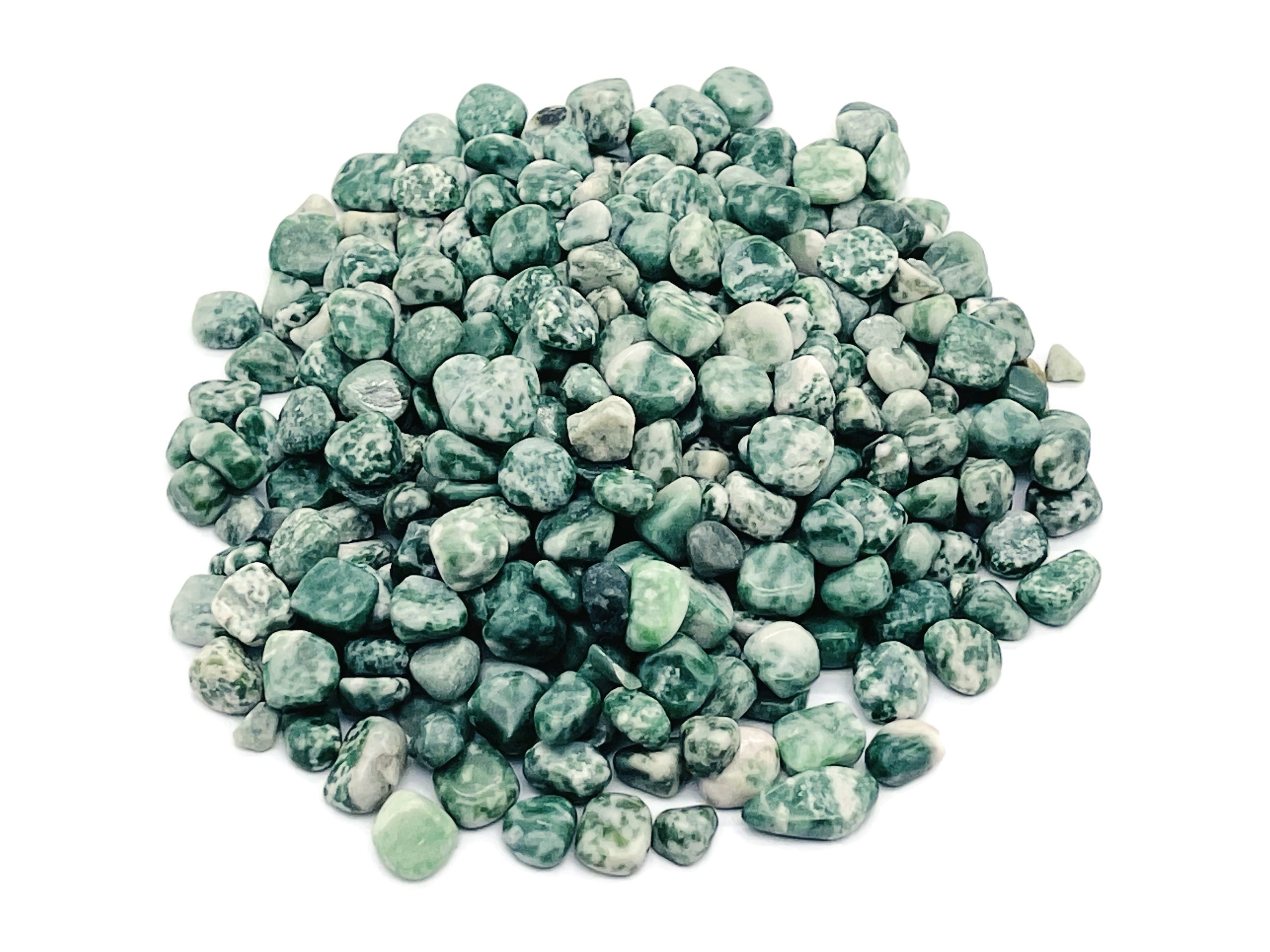 Green Dot Jade Chips – Qinghai Jade Gemstone Chips – Crystal Semi Tumbled Chips - Bulk Crystal - 7-9mm - Cp1235