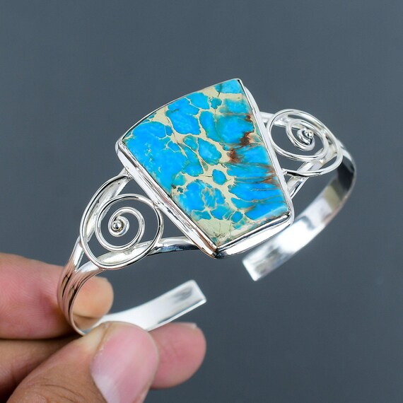 Blue Sea Jasper Bangle: Handmade 925 Sterling Silver Adjustable Cuff