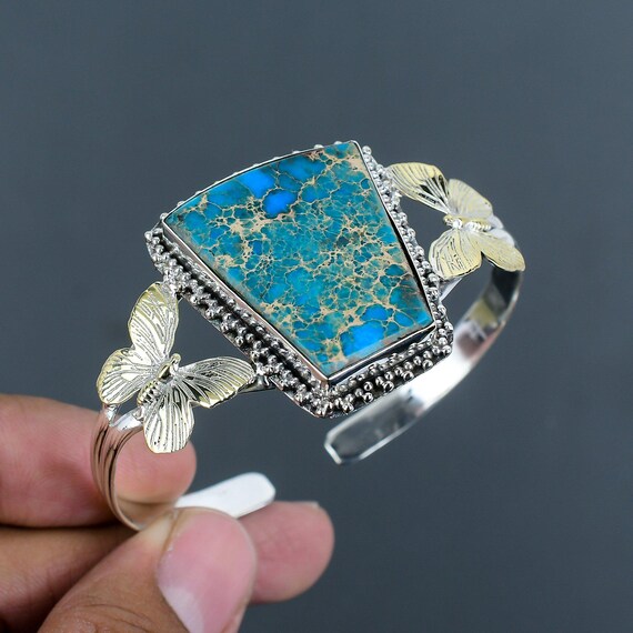 Blue Sea Jasper Cuff Bracelet: Handmade 925 Sterling Silver Adjustable Bangle