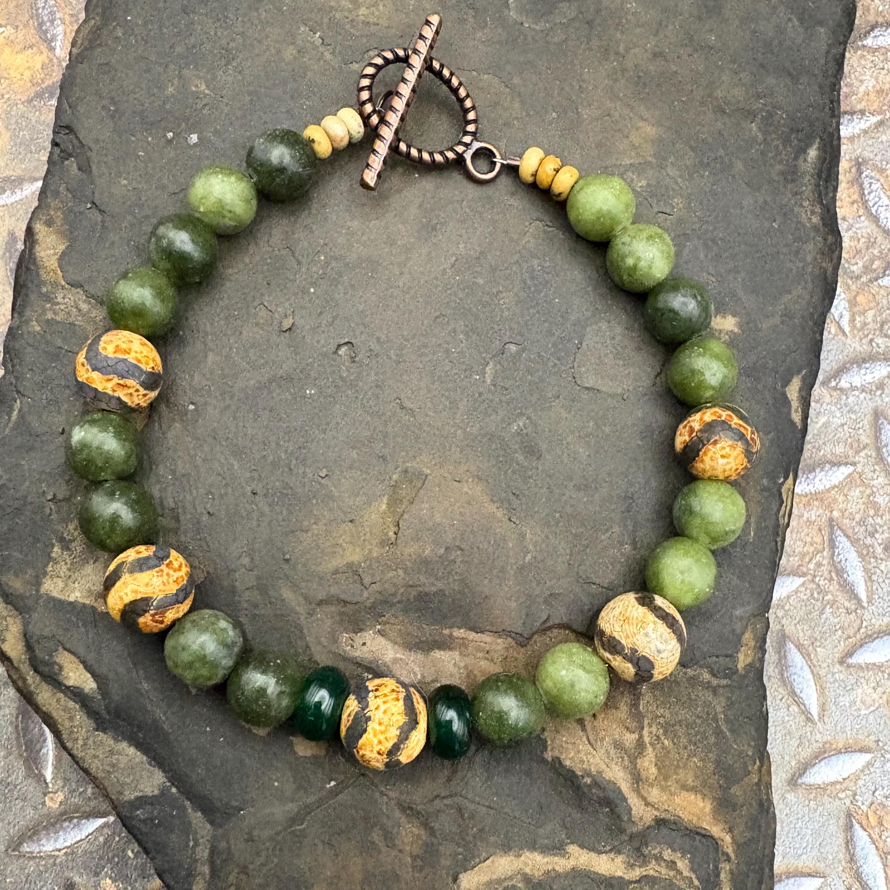Green Jasper Beaded Bracelet: Tibetan Agate Gemstone, Unisex Design